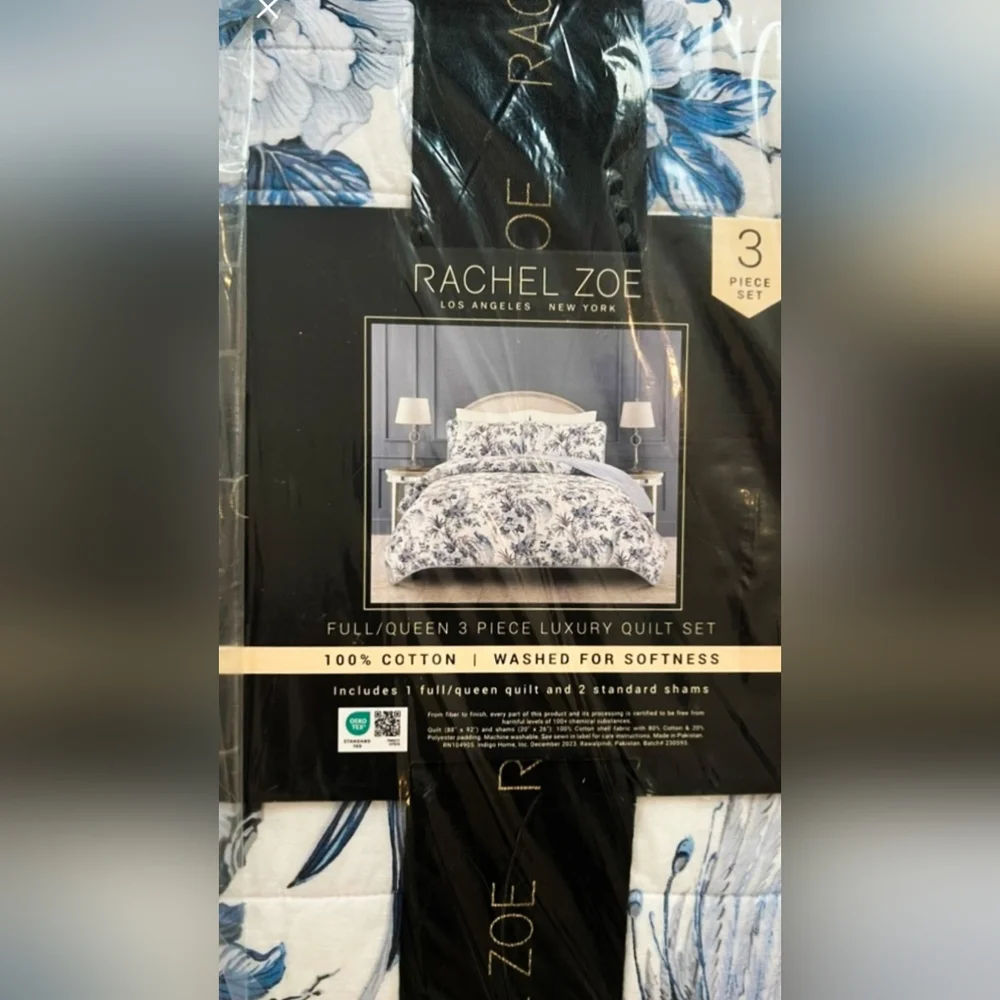 Rachel Zoe Full/Queen Blue & White Toile Bird Floral Quilt Set‎ 3pc